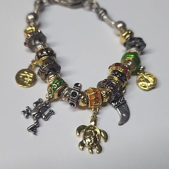 European Style Charm Bracelet Full of Charms Two Stopper Beads Turtle Frog - Picture 2 of 4